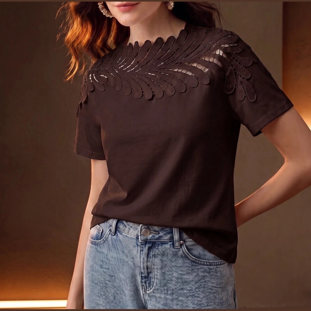 Espresso Brown Cutwork Feather Lace Yoke Short Sleeve Tee